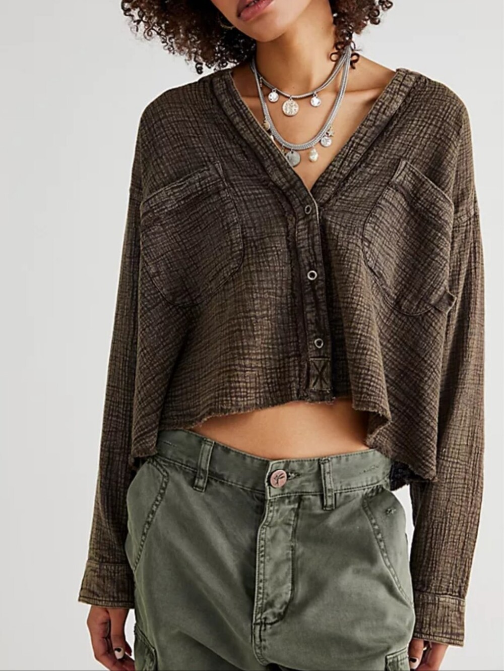 We The Free (Free People) Slouch Oversized V-neck Button Up Blouse, XS